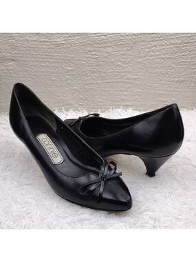 Connie Celia Black Leather Faux Bow Upper Pointed-Toe Kitten Heel Slip On Shoe